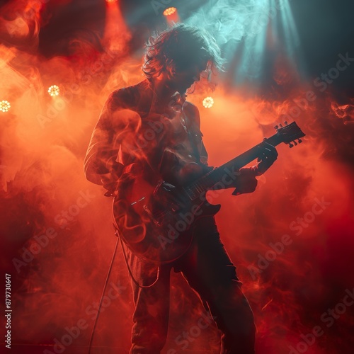 Male Guitarist At A Concert. Illustration On The Theme Of Lifestyle, Concerts, Music And Emotions. Musician Playing Music In Red Mystical Fog. Generative AI 