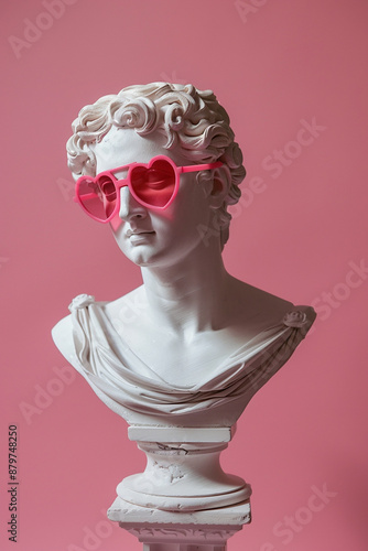 A classical bust sculpture with modern heart-shaped sunglasses, creating a humorous and quirky contrast.