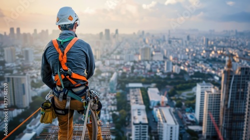 A man in an orange safety harness stands on a ledge overlooking a city. Generate AI image