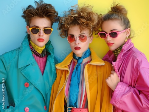 Three stylish individuals in retro 1980s fashion with colorful outfits and neon accessories on a yellow and blue background showcasing vibrant trends