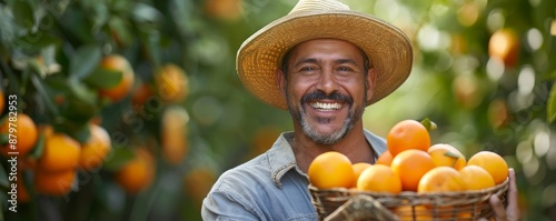 Happy farmer holding a basket full of ripe oranges in a sunny orchard, showcasing a successful harvest and sustainable agriculture.