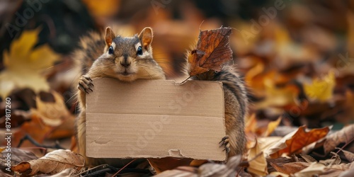 The disheartened chipmunk, holding a blank cardboard sign, was surrounded by autumn leaves and feeling utterly defeated.