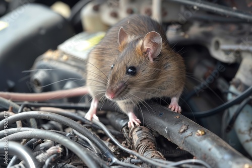 Rodent infestation in vehicle causing electrical damage. Innovative car design, rodent damage, chewed wires, pest extermination, vehicle care