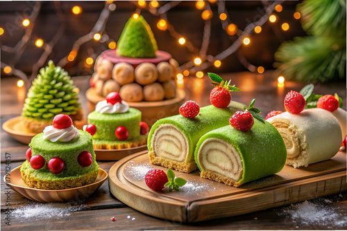 A table with a variety of desserts, including a green roll cake and a red and white cake