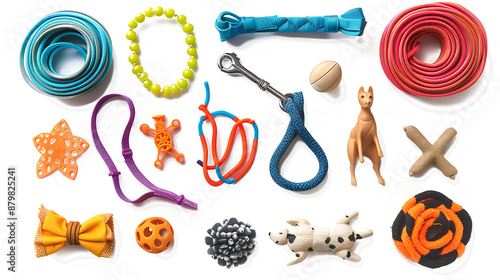 PNG of pet accessories like collars, leashes, and toys, isolated on a white background