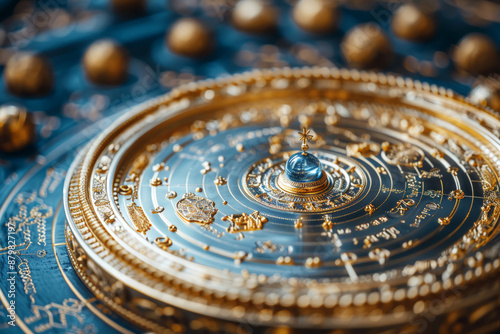 Intricate golden astrolabe with celestial details on a blue background, ideal for illustrating astronomy concepts and historical science themes.