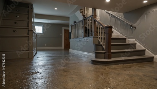 Detailed shot of upgraded basement floor waterproofing with staircase in background. Concept Basement Flooring, Waterproofing, Upgraded Interiors, Detailed Shots, Staircase