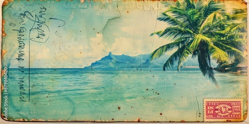 Vintage postcard with palm tree and ocean view.