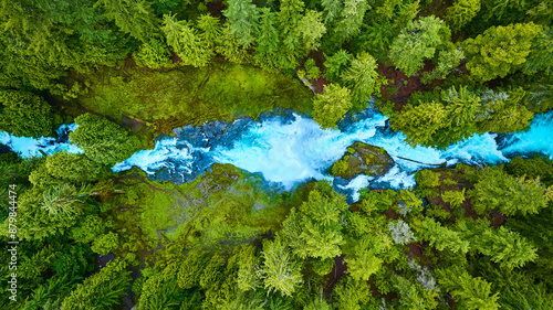 Aerial View of Vibrant Forest and Blue River Rapids in Pacific Northwest