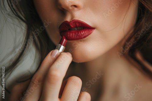 Woman applying red lipstick close up