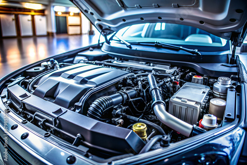 A car engine is shown with the hood open. The engine is silver and black. The hood is open to show the engine's internals