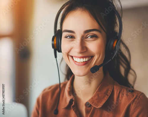 Call center, jovem mulher e sorriso em contato conosco com CRM, fone de ouvido com microfone e espaço de mockup