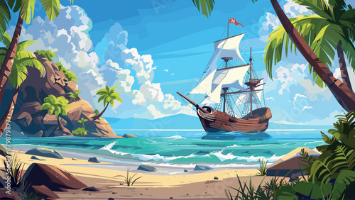 Pirate Ship Anchored off a Tropical Island Cartoon Game Illustration Adventure Sea Ocean Treasure Hunt Palm Trees Beach Coastline Nautical Exploration Illustration Lagoon Island