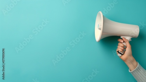 Hand holding a white megaphone against a turquoise background, signifying communication, announcement, and amplifying messages.