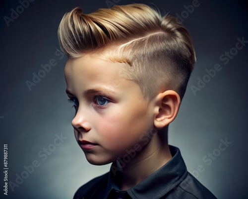 Portrait of a boy with a high fade haircut, emphasizing a sharp transition in hair length.