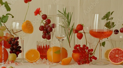 A colorful display of juicy berries, vibrant citrus fruits, and plump grapes are beautifully arranged on a clean background.