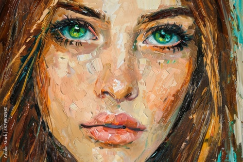 Portrait of female face, beautiful girl with green eyes, oil painting, impressionist style