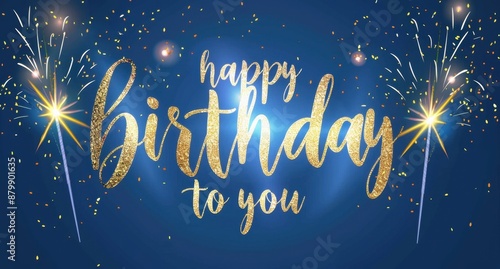 A blue background with the words "happy birthday to you" in golden cursive script, with sparkler elements on each side of the text Generative AI