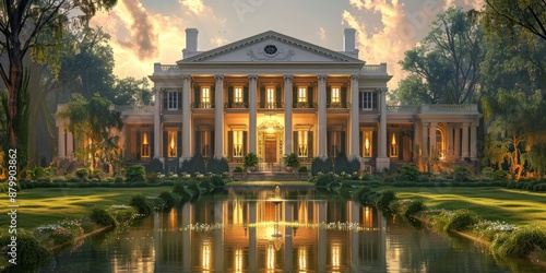 A regal Southern plantation house, with its grand columns, sweeping verandas, and lush gardens, captures the romance and history of the antebellum South