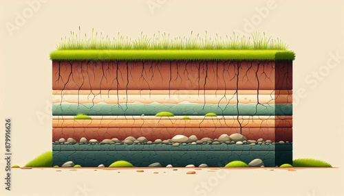 Underground soil layer of cross section earth, erosion ground with grass on top, minimalist vector style illustration