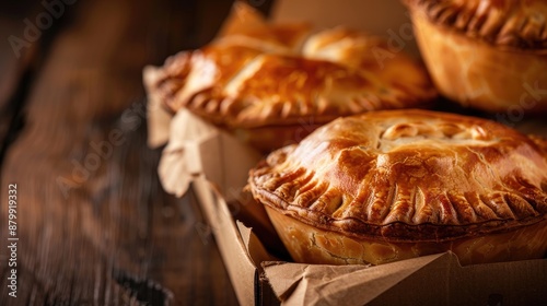 Freshly baked pork pies in cardboard savory snack selective focus landscape with text space England