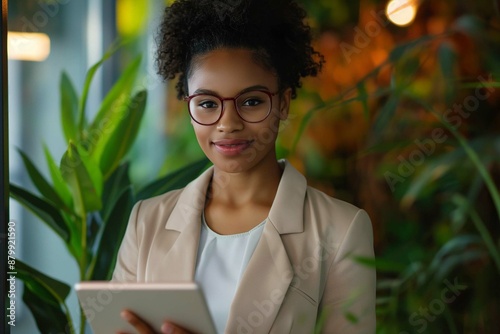 Portrait of happy businesswoman with touchpad in office