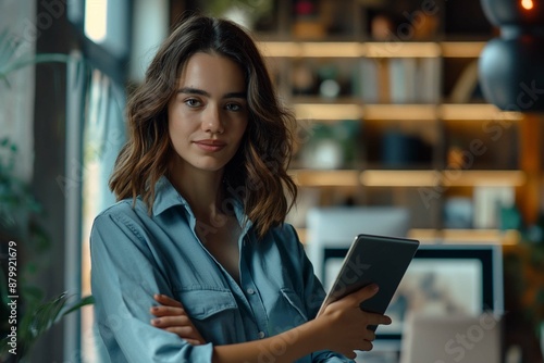 Portrait of happy businesswoman with touchpad in office