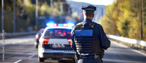 Police officer at traffic stop, maintaining order and enforcing road regulations.