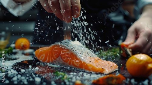 chef prepares salmon steak, process of sprinkling with spices and salt in a freeze motion, marinating salmon fish, adds herbs, seasoning. Long banner format, top view.