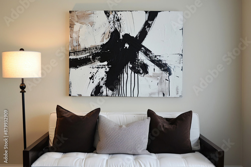 An abstract black and white painting, hanging on the wall of an apartment over a daybed with brown pillows. The style is modern and minimalistic. The colors should be black, grey, off-white and beige.