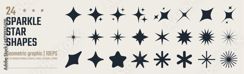 Collection of different vector sparkling stars icon, decorative twinkle and bursts forms, abstract shining flash symbols, glowing light effect, y2k style basic shapes geometric graphic elements