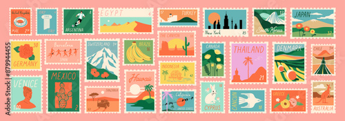 Set of vintage world travel post card stamp illustration. Retro style international country landscape postage sticker collection, famous landmark mail postmark, tourism city view postal label.