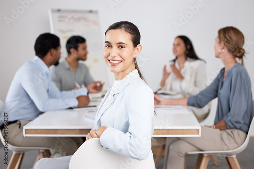 Portrait, people or happy businesswoman in meeting for project, teamwork or collaboration for planning. Shareholders, investor or program coordinator in discussion for feedback, review or about us