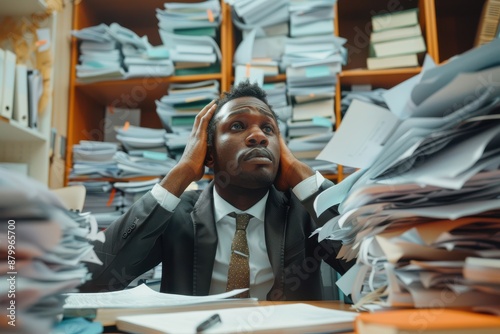 Stressed businessman overwhelmed by paperwork at his desk.