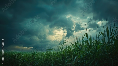 Field of tall grass is covered in dark clouds