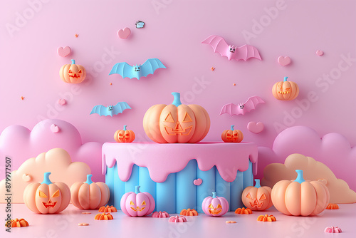 A pink background with a blue border and a table with pumpkins and bats