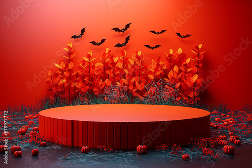 A red stage with a red background and a bunch of bats flying around it