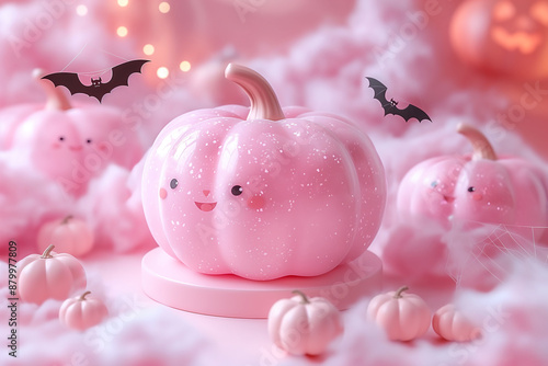 A group of pumpkins with bats on them are arranged in a pink background