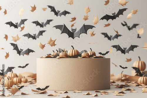 A cake with bats and pumpkins on it