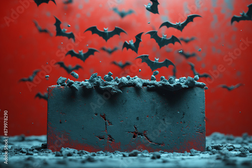 A brick wall with bats flying around it