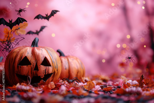 A Halloween scene with pumpkins and bats