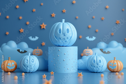 A blue and orange background with a group of pumpkins and bats