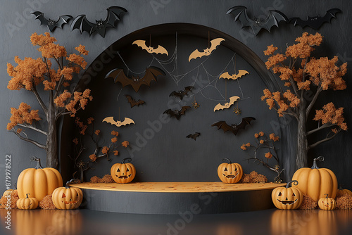 A Halloween scene with bats and pumpkins