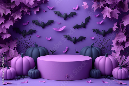 A purple background with bats and pumpkins