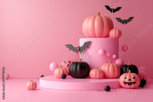 A pink background with a pink and black pumpkin display