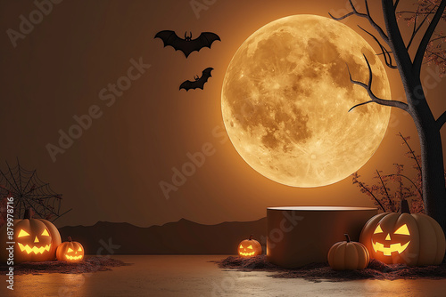 A Halloween scene with a full moon, bats, and pumpkins