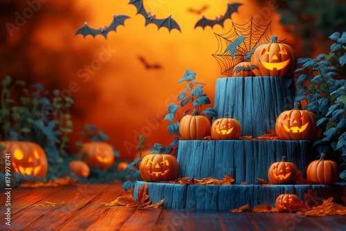 A wooden platform with a stack of pumpkins on top