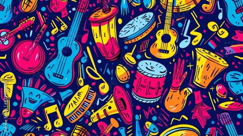musical instrument doodles, playful doodle pattern with drums, tambourines, maracas on a lively background, ideal for promoting music festivals