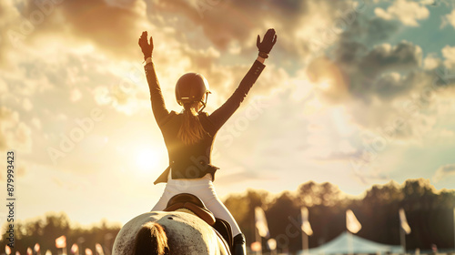 Horsewoman in Equestrian championship hands in the air gesture of victory. Professional Equestrian player won the match. Equestrian player triumphant pose. Banner, poster