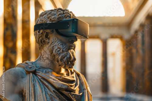 Ancient Greek statue of a philosopher equipped with virtual reality technology on the head with space for text or inscriptions 